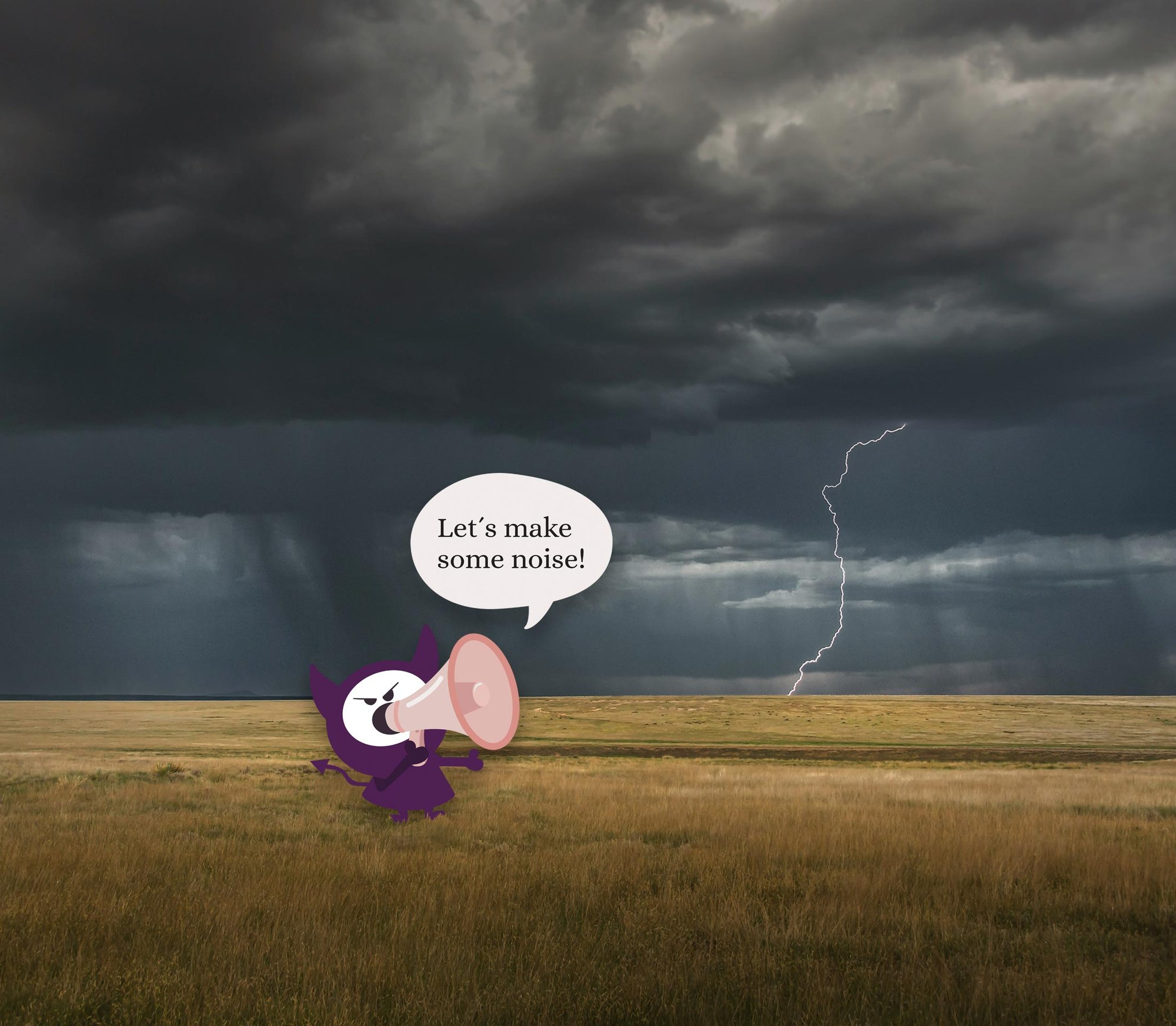 Ms. Noisy fra Instagram står på et jorde i tordenvær med ropert og lager støy for metastatisk brystkreft. Illustrasjon