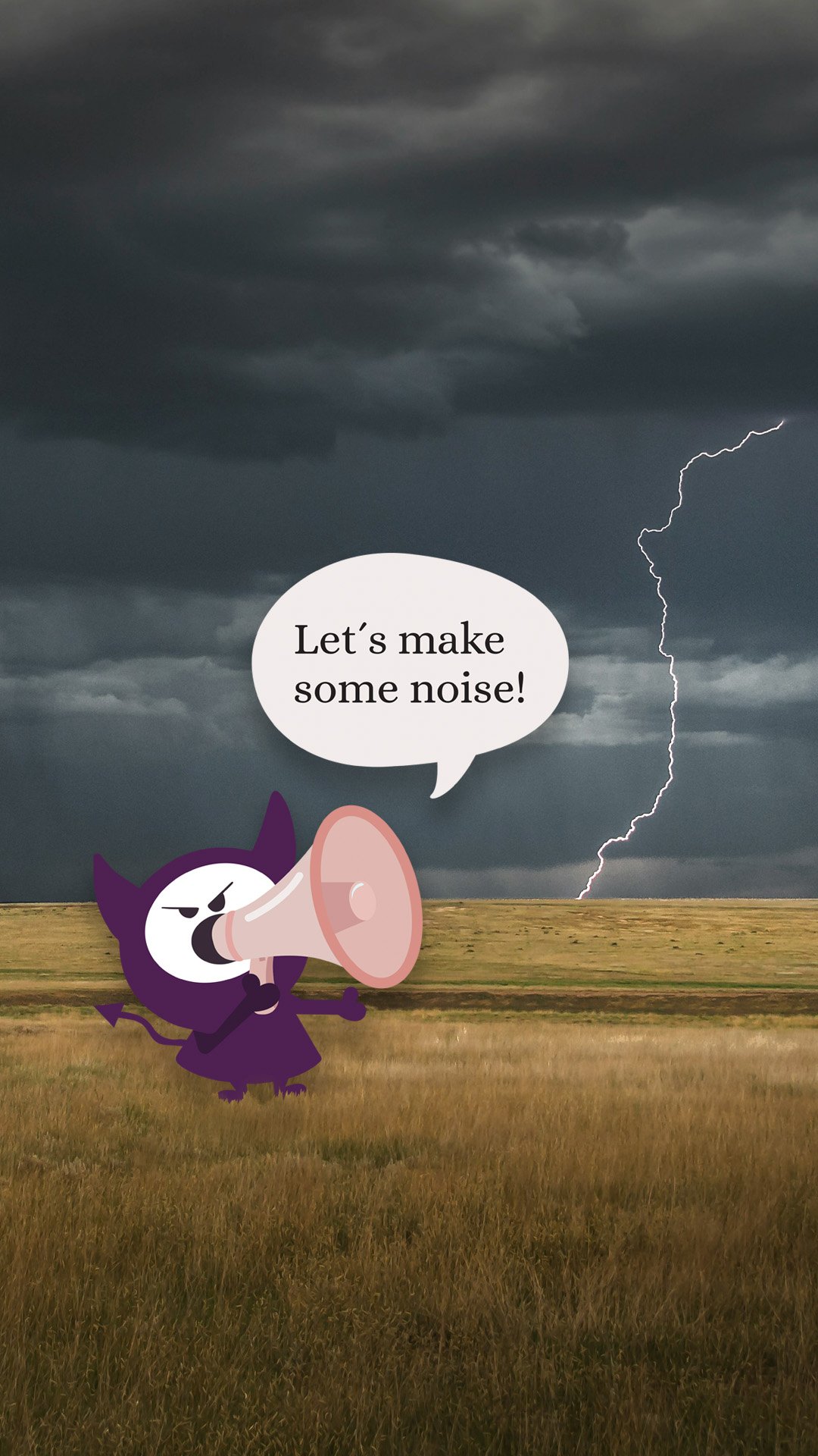 Ms. Noisy fra Instagram står på et jorde i tordenvær med ropert og lager støy for metastatisk brystkreft. Illustrasjon